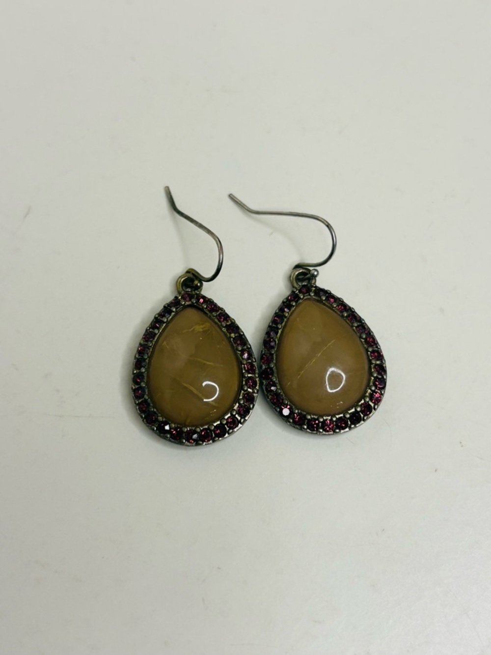 Vintage Teardrop Mocha Stone Plum Purple Rhinestone Halo Dangle Earrings Boho